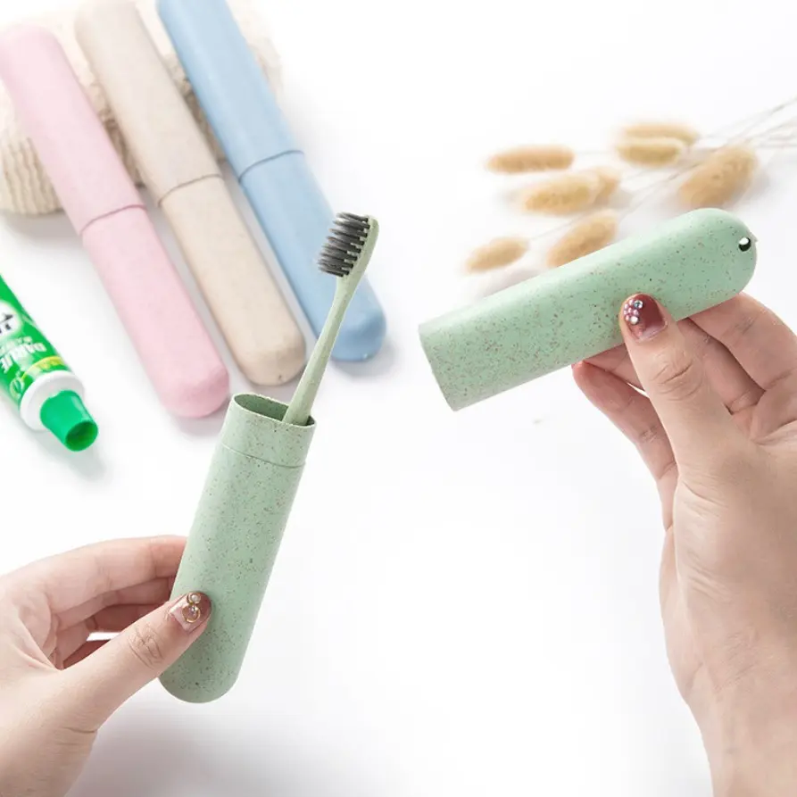 2 Piece Nordic Style Wheat Straw Travel Toothbrush Box, Portable Toothbrush Holder Case, Durable & Eco-Friendly Design, Perfect for Daily Use