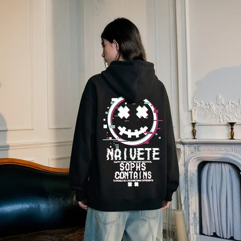 Heavyweight cotton printed hooded sweatshirt for women, suitable for autumn and winter; loose fit streetwear hoodie with smiley face design for teens/students; unisex couples’ top; everyday street hip-hop style; ships from within the United States.