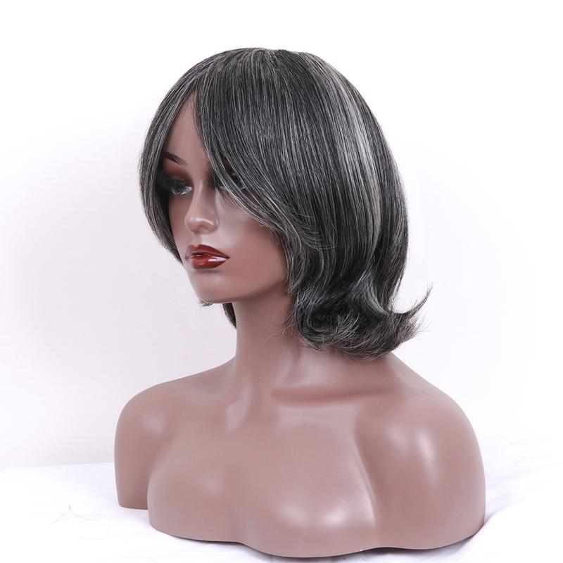Dark Gray Ombre Layered Wigs with Curtain Bangs for Black Women Mixed Short Gray Highlight Wavy Layered Wig for White Women Black ang Grey Wavy Bob Hair for Daily Use Natural Looking Mixed Wigs for Thinning Hair Daily and Cosplay