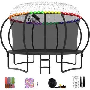 YORIN Trampoline, 14 FT Trampoline for 7-8 Kids Adults with Enclosure Net, Basketball Hoop, Ladder, 1400LBS Outdoor round Recreational Trampoline, Heavy Duty Trampoline with Light, Sprinkler, Socks