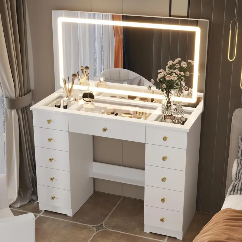 FUFU&GAGA Crystal Handle Makeup Vanity - Glass Tabletop, 11-Drawer Makeup Dresser, Large Lighted Mirror with Touch Control 3 Color Modes, Adjustable Brightness LED Strip, Multi-Color Ambient Light, Storage for Living Rooms & Bathrooms, Requires Assembly