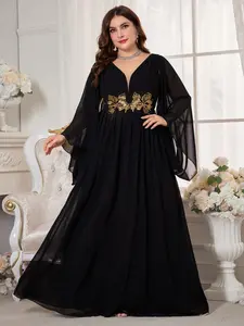【Plus Size】 Floral Embroidery Chiffon Dress, Elegant Romantic Long Sleeve V Neck Formal Dress for Evening Party, Classy Dresses, Formal Wear, Women's Clothes for All Seasons