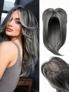Natural Looking Synthetic Bangs Topper Salt And Pepper Grey Hair Piece 6x6 Inch Base 180 Percent Density Soft Realistic Texture Lightweight Breathable Design Perfect For Adding Volume And Coverage To Crown Area Easy Clip In Application For Daily Wear And