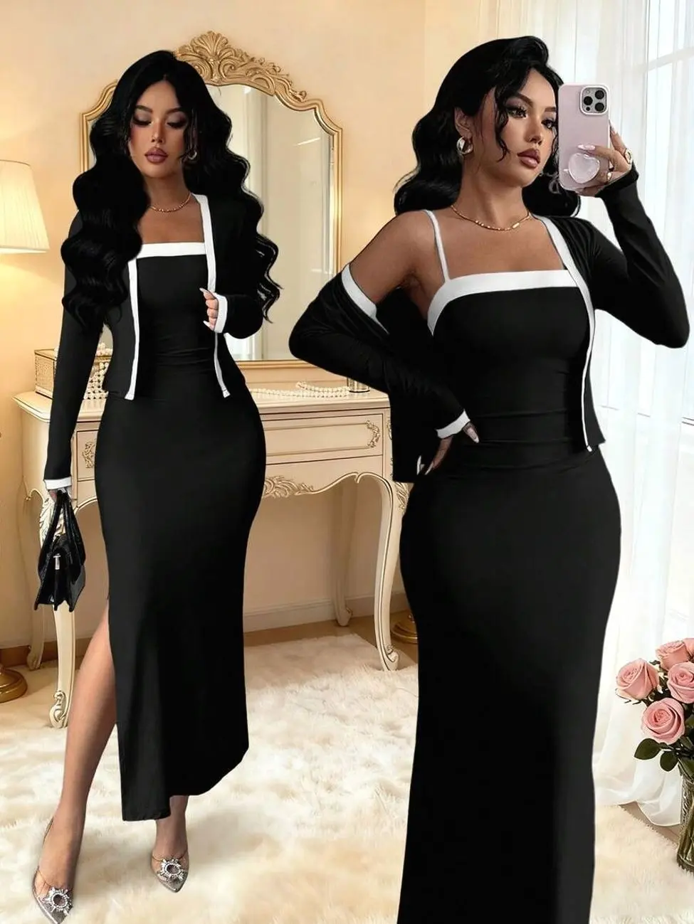 👗 Women's Elegant 2pcs Dress Set, Color Block Cardigan And Sleeveless Slip Dress For Casual And Party Style.