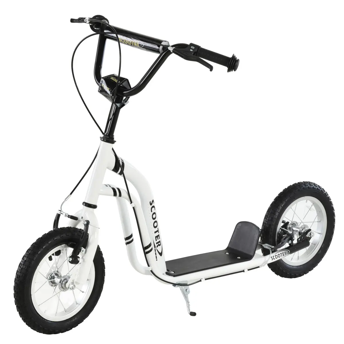 Aobtkel Youth Scooter for Age 5+ with Front and Rear Caliper Dual Brakes 12-Inch Inflatable Front Wheel Adjustable Handlebar 33.5-37.5" Steel Frame Kickstand Ride-On Toy for Outdoor Sidewalk Park Boys Girls White Gift Idea