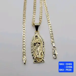 Virgin Guadalupe Pendant with Cuban Link Necklace 24 & 18 Inches 4mm Wide Laminated Gold Religious Jewelry Elegant Design for Men and Women