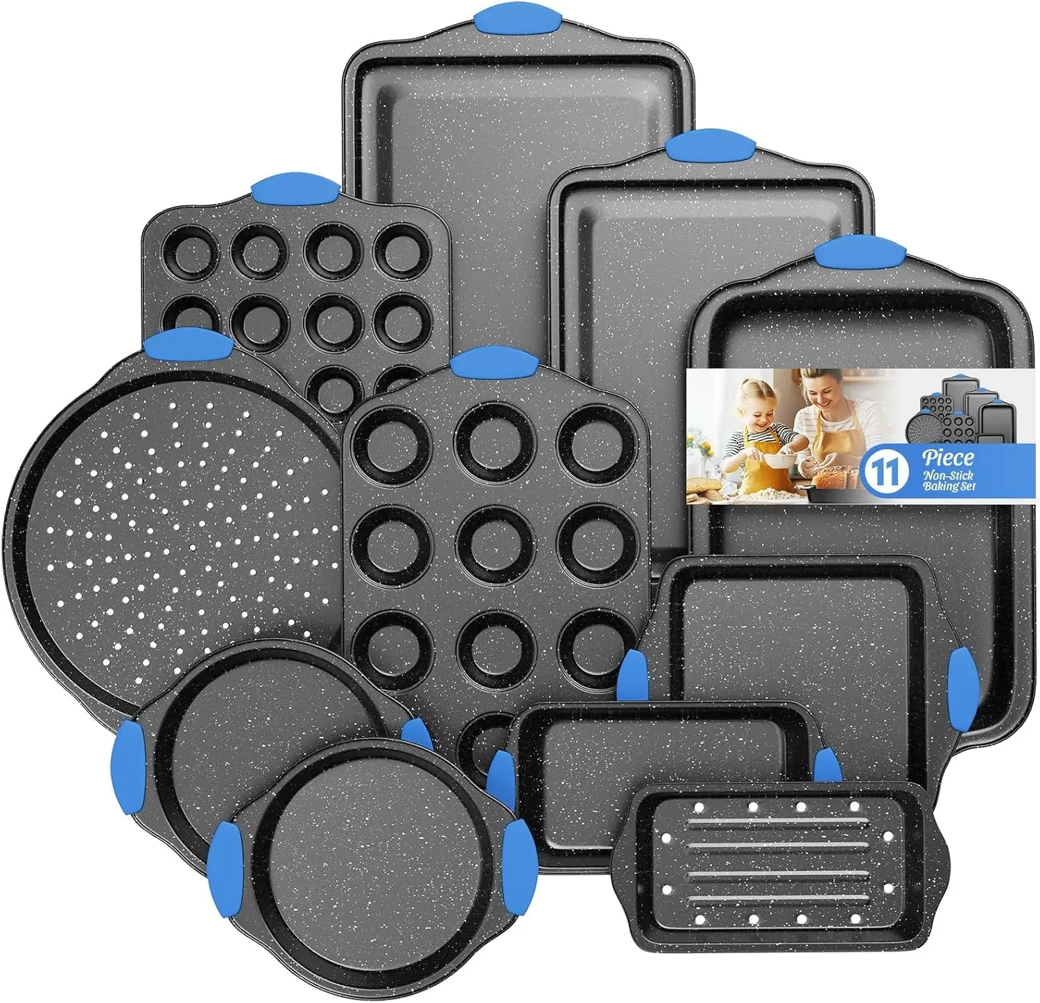11-Piece Professional Stackable Baking Set, Oven-Safe Nonstick Cookware | with Cool-Touch Handles - Features Cookie Sheet, Cake Pan, Muffin Tin, Pizza Stone & Bread Loaf Pan, Black&Blue