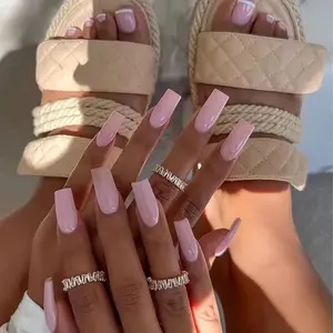 Hand & Foot Press-On Nail Set (48 Pcs) – Long Solid-Color Sweet Pink Fingernails & Toenails | ICE Nail Studio