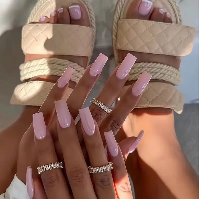 Hand & Foot Press-On Nail Set (48 Pcs) – Long Solid-Color Sweet Pink Fingernails & Toenails | ICE Nail Studio