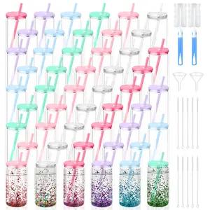 50 Pack 16oz Reusable Plastic Cups with Colorful Lids & Straws, Double Walled Clear Tumblers for Water Bottle, Juice, Iced Coffee, Smoothies, BBQs, Party | Bulk Christmas, New Year, Halloween Gift Ideas, Holiday Ready