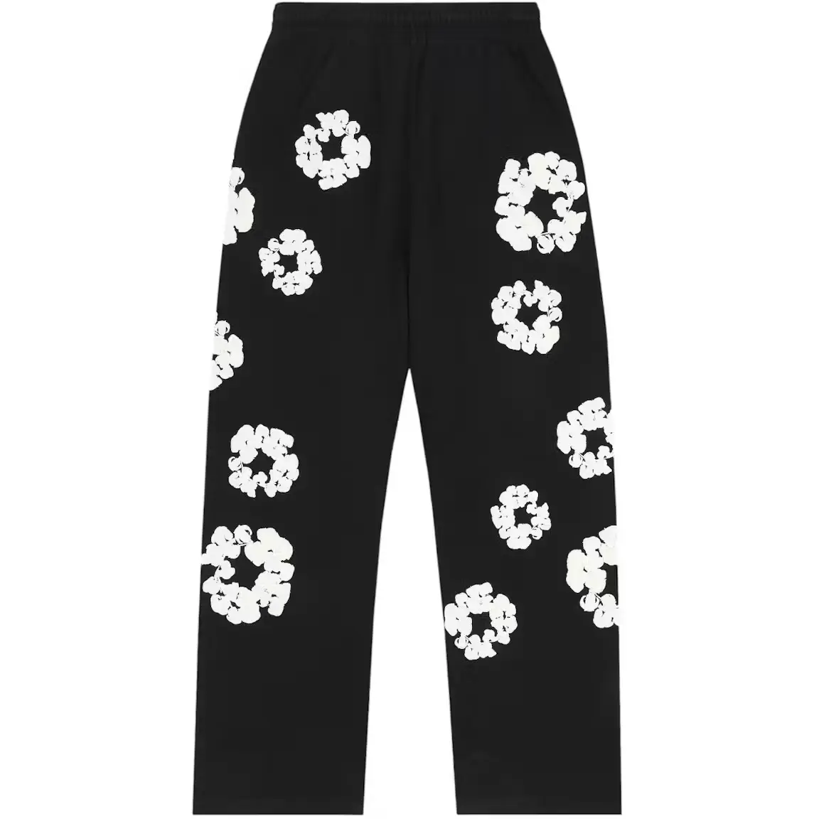 Black Denim Floral Wreath Baggy Sweatpants | Vintage Y2K Graphic Streetwear Pants, Relaxed Fit Casual Joggers for Youth & Adults, Urban Fashion Fall Winter Outfit