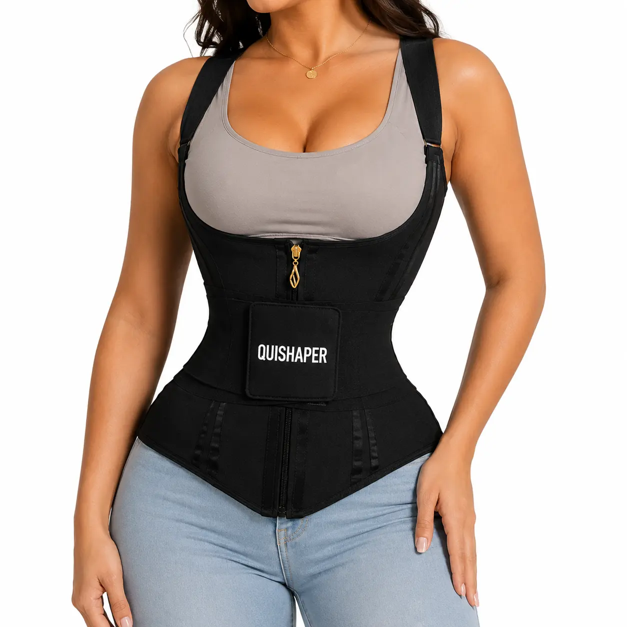 Quishaper 2in1 Waist Trainer for Women Tummy Control Sports Girdle Workout Body Shaper with Adjustable Shoulder Strap Corset Women Sport Cincher Zipper Vest Straps Underbust Steel Boned Shapewear | Enhances Natural Curves 3 Rows Hooks Eye Closures Sauna
