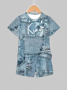 Boys' Stylish Set, Denim Texture Printed Short Sleeve with King Letter Decoration, Summer Casual Style, Fitted Tee and Shorts