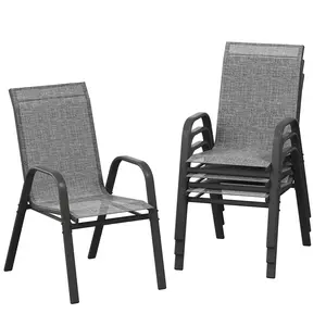 Set Of 4 Stackable Patio Chairs High Back Outdoor Metal Frame Lawn Chairs With Breathable Textilene Fabric All Weather Garden Dining Chairs For Deck Poolside And Backyard Grey