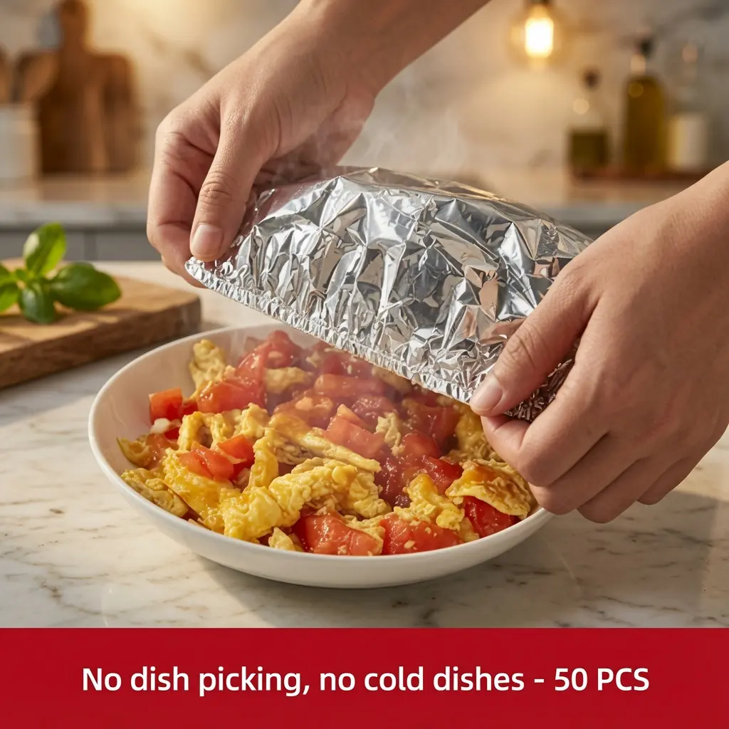 Food Covers, 50-Pack Disposable Aluminum Foil Heat-Retaining Lids for Food Freshness and Insulation, Ideal for Home Dining & Cookware, Heat-Retaining Covers, Temperature Retention, Insulating, Single-Use Lids