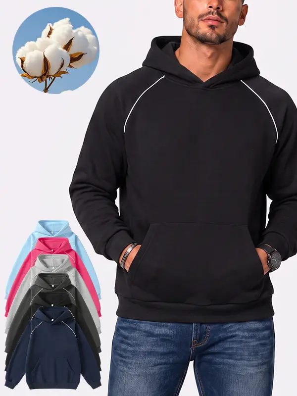 Men's curved blade raglan sleeves, visible thread detailing, hooded sweatshirt, loose fit, kangaroo pocket, available in multiple colors, pullover hoodie