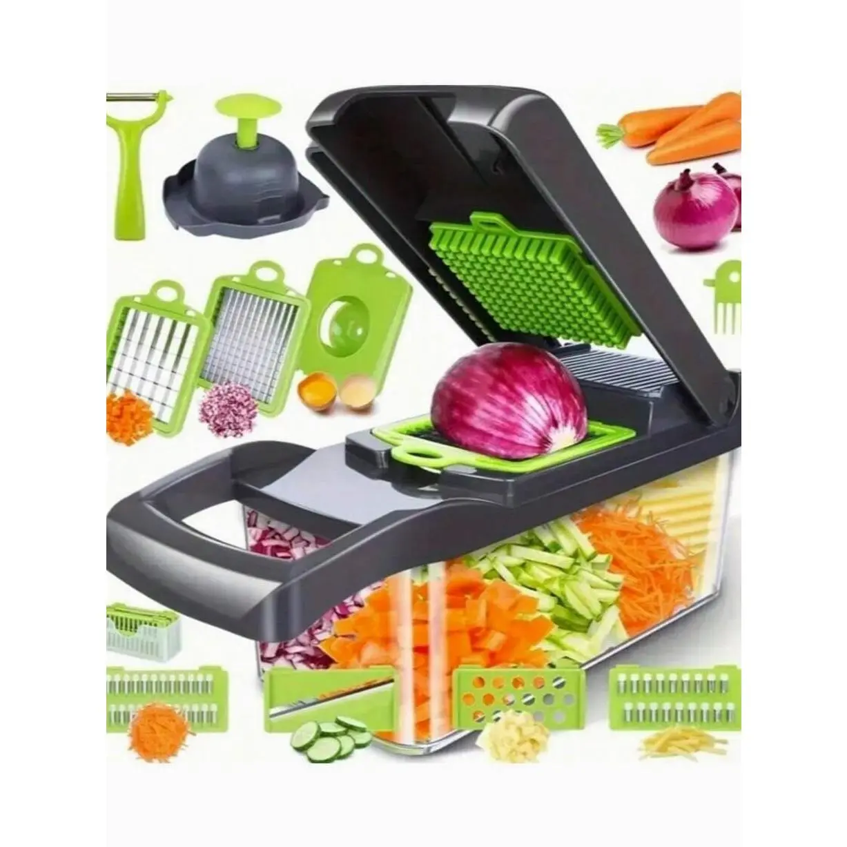 16-In-1 Vegetable Chopper, Professional Onion Dicer and Food Slicer with 8 Interchangeable Blades and Container for Kitchen Meal Prep