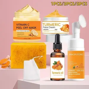 Turmeric Moisturizing Skin Care Kit, Soap & Face Cream & Mousse Cleanser & Face Oil & Vitamin C Peel Off Mask & Soap Bag, Skin Care Kit for Women & Men