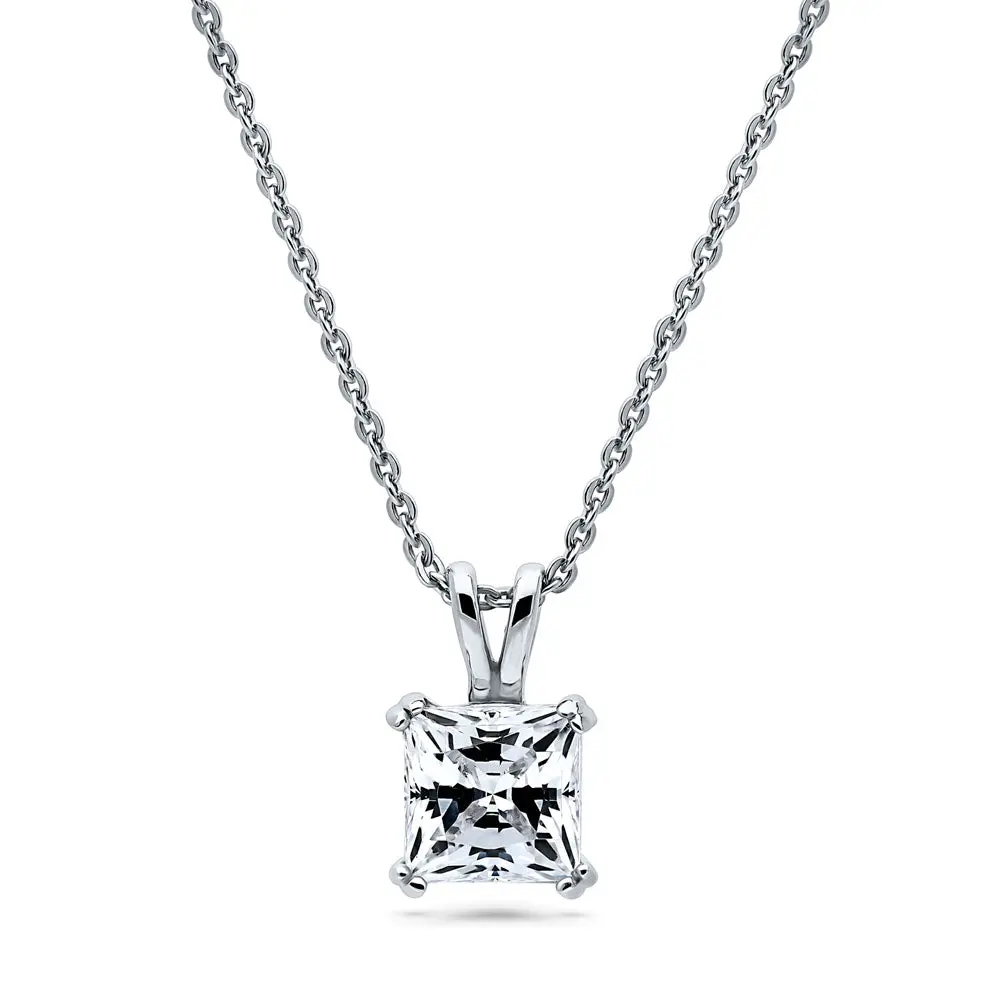BERRICLE Sterling Silver Solitaire Pendant Necklace for Women, 0.8-1.2 Carat Cubic Zirconia CZ 18 inch, Shape (Princess Cut, Round Cut)