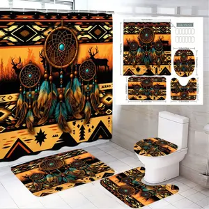 4pcs Southwestern Tribal-Inspired Bathroom Set - Vibrant Orange and Black Shower Curtain with Geometric Patterns, Dreamcatchers, Turquoise Stones, Feathers & Deer Silhouettes - Matching Bath Mats & Toilet Seat Cover for Bohemian Decor