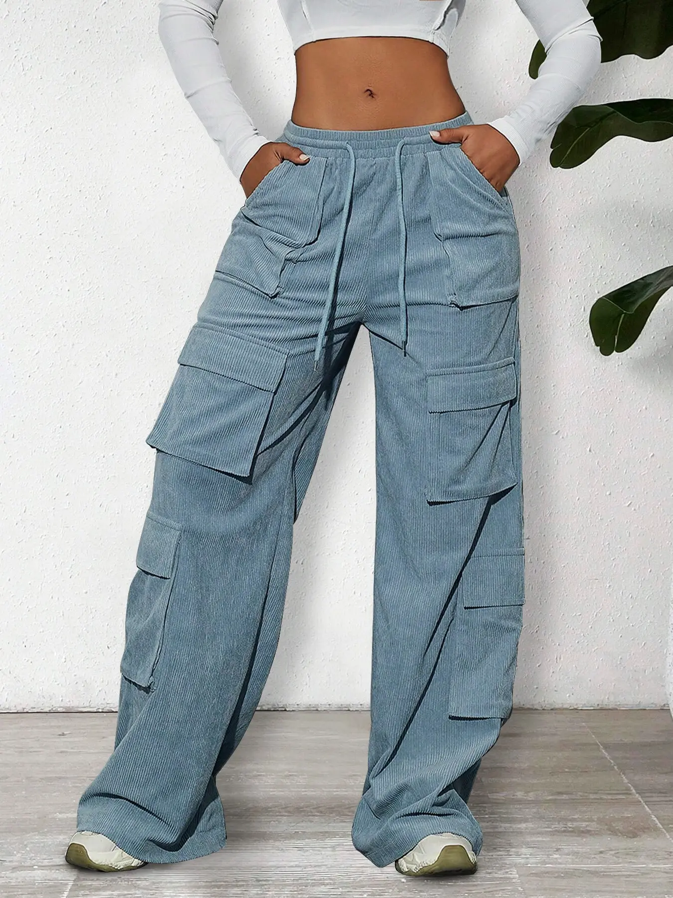 High-Waisted Casual Corduroy Cargo Pants, Multi-Pocket Loose Fit Wide Leg, Spring Street Style, Y2K Kpop Fashion, Hip-Hop Workwear, Women's Long Regular Leg