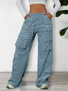 High-Waisted Casual Corduroy Cargo Pants, Multi-Pocket Loose Fit, Street Style, Y2K Kpop Fashion, Hip-Hop Workwear, Women's Long Regular Leg