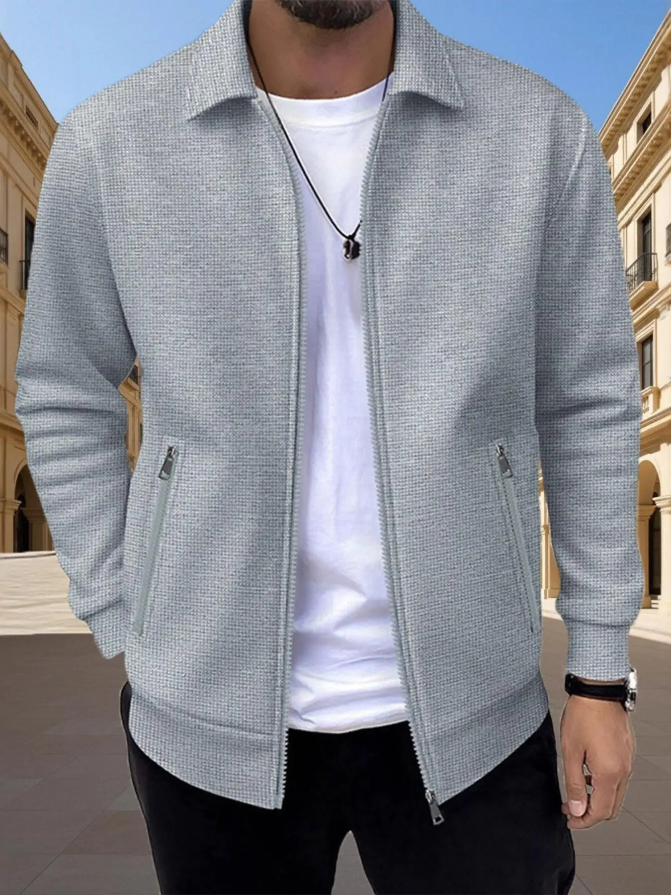 Men's Casual Fitted Jacket with Zipper Pockets, Comfortable Waffle Texture Spring & Fall Outerwear, Versatile Daily Commute Top