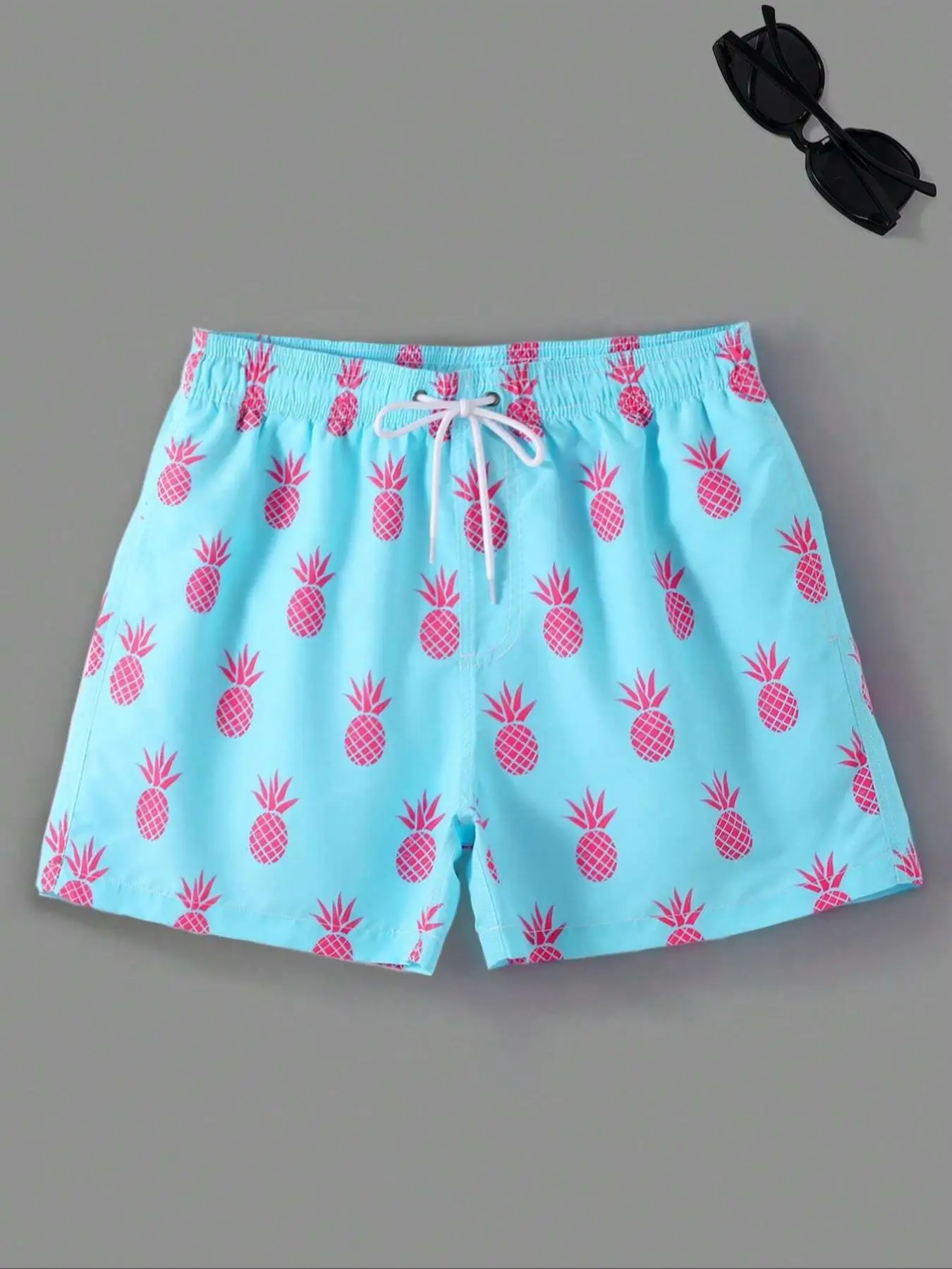 Men's Pineapple Print Grommet Eyelet Drawstring Shorts, Shorts for Men, Regular Fit Casual Elastic Waist Pocket Beach Vacation Shorts, Shorts for The