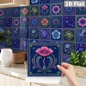 24 Sheets Vintage Peel and Stick Flower Tile Stickers, DIY Self-Adhesive Waterproof and Oil-Proof for Kitchen and Bathroom, Three Sizes Available 10x10cm 15x15cm 20x20cm