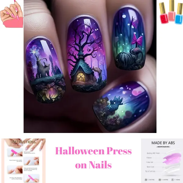Halloween Press On Nails Medium Square | Purple Black Witch Nails | Cute Spooky Fake Nails | Full Cover Glue On Nails | Magic Forest Gothic Nail Set | Reusable Press Ons for Women & Girls 24 PCS