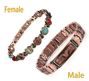 Magnetic Copper Couple Bracelets for Arthritis Pain Relief: Eagle Pattern for Men & Multi-Gem Round Design for Women, Adjustable Pure Copper Healing Jewelry – Perfect Anniversary Couples Gift (with Sizing Tool)