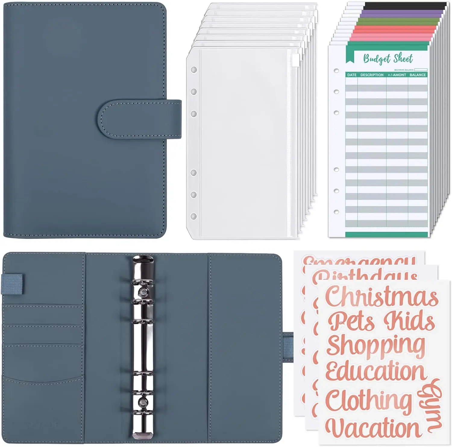 A6 Budget Binder, Money Organizer for Cash with 8pcs Zipper Envelopes,12pcs Expense Budget Sheets & 24 Rose Gold Sticky Labels, Money Saving Binder fo