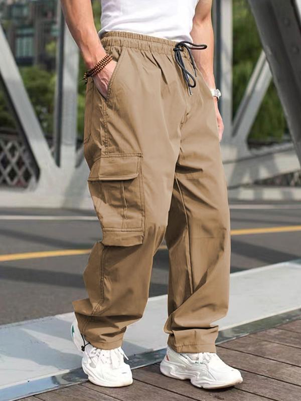 Men's Solid Color Flap Pocket Casual Slant Pocket Drawstring Waist Cargo Pants, Regular Fit Casual Street Straight Leg Trousers for Daily Wear, Men's Bottoms for All Seasons