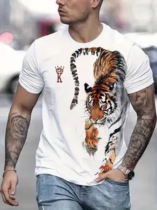 Men's Bold Tiger 3D Printed Fitted T-Shirt, Breathable Polyester Fiber, Comfortable Short Sleeve Round Neck, Casual Streetwear Style, Top, Fabric, Menswear, Animal Graphic Tee