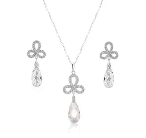 925 Silver Rhodium Plated Clear Ribbon CZ Hanging Stud Earring and Necklace Set
