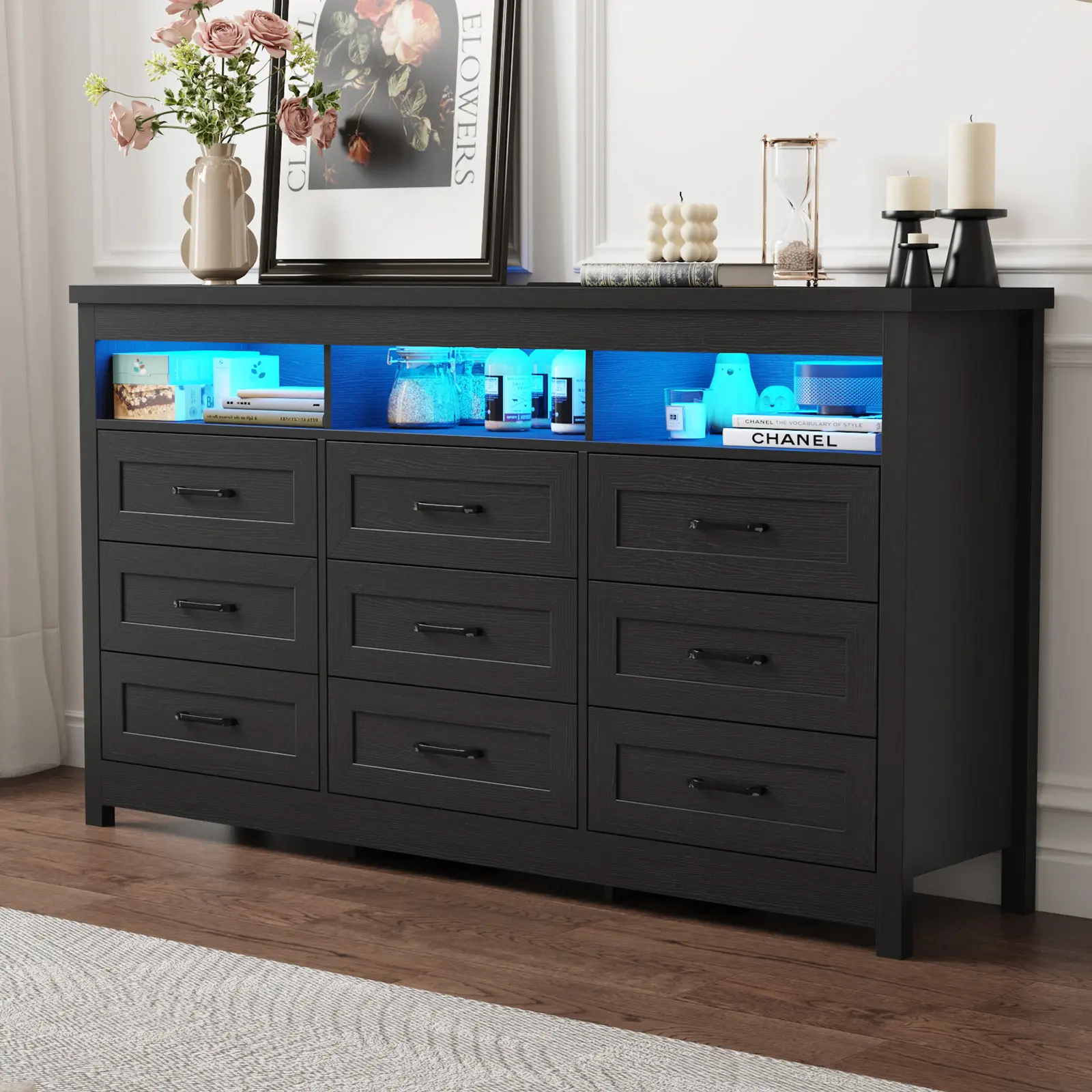Black Farmhouse 9-Drawer LED Light Dresser - 63" Wide Modern Wood Bedroom Dresser with Charging Station, 1 Type-C Port, Large Organization Storage for Home Bedroom, Living Room Indoor Cabinet