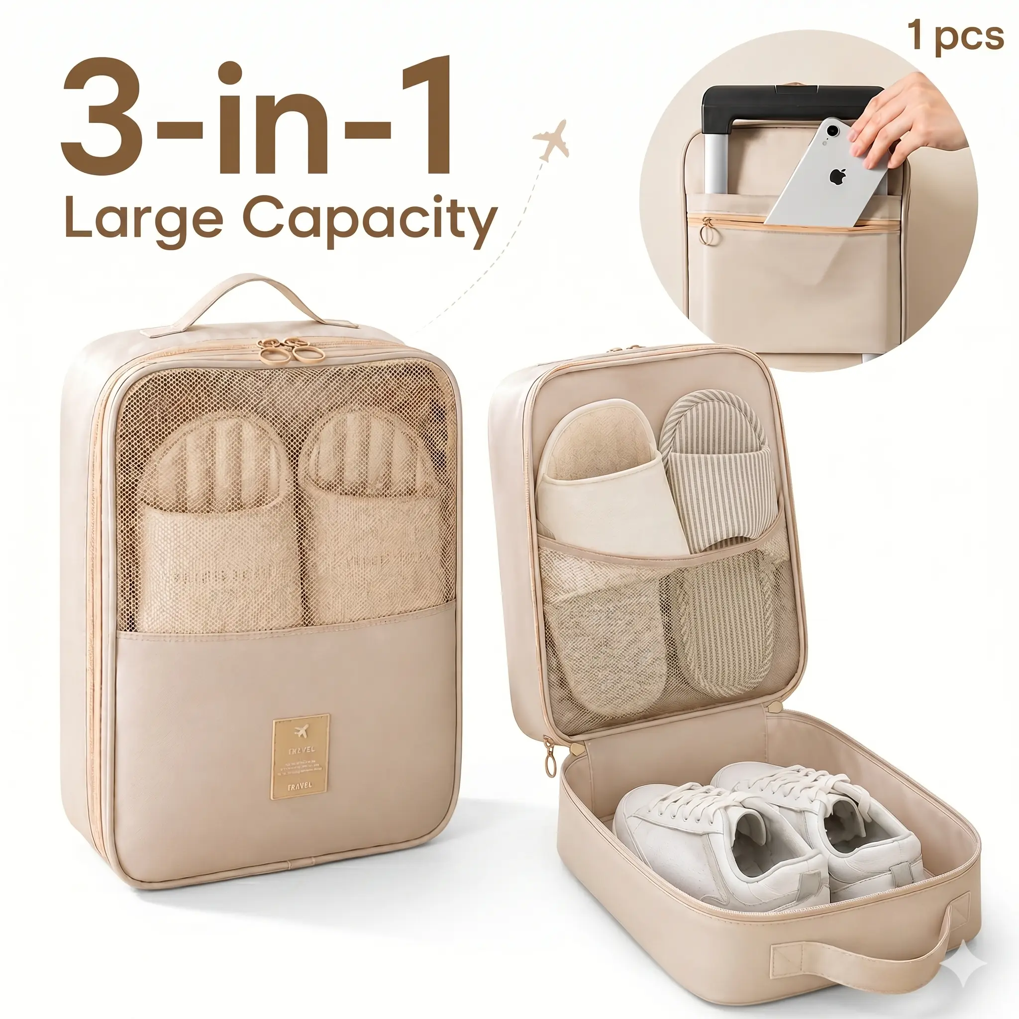 3-in-1 Travel Shoe Bag, Large-Capacity Multi-Compartment Organizer with Mesh Pockets, Carry Handle, Luggage Strap, Portable Packing Solution for Sneakers, Slippers, Beige Home Storage Bag