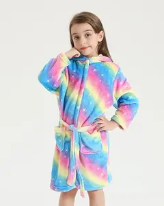 Girls Unicorn & Rainbow Star Hooded Fleece Robe – Soft Plush Cozy Bathrobe for Kids Warm Winter Sleepwear Holiday Gift
