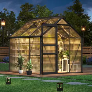 Black 6x6 Ft Polycarbonate Greenhouse - Free-Standing Greenhouse for Outdoors with Rust-Resistant Aluminum Frame, Gutter System & Roof Vent, Ideal for Seed Starting & All-Season Plant Protection