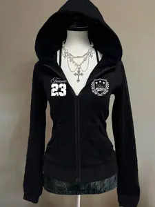 Women's Casual Fashion Vintage Street Style Sports Hoodie, Athletic Hoodies, Slim Fit Long Sleeve Zipper Sweatshirt, Y2K Hippie Festival Wear, Hoodie Tops