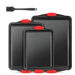 3-Piece Stackable Baking Pan Set (in three sizes), non-stick cookie pans, heat resistant up to 450°F (approx.232°C), comes with heat-resistant handles and a flat spatula/brush for easy cleaning and storage.