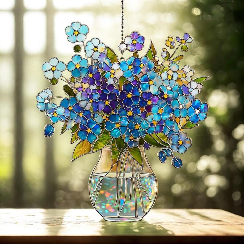 Forget Me Not Bouquet Hologram Window Hanging, Acrylic Suncatcher, Floral Sun Catcher, Rainbow Window Decor, Botanical Hanging Ornament