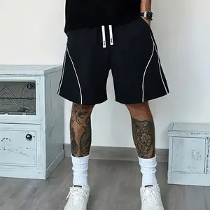 Men’s trendy printed summer shorts featuring a white line-paneled print design; made from comfortable, breathable 100% polyester fabric, suitable for outdoor sports and fitness.