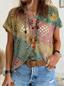 Spring/Summer style, V-neck diamond hollow-out loose batwing raglan short sleeve cover-up, contrast color rainbow floral print women's knitted top, vacation style, casual commute, bikini cover-up, Swimsuit coverup