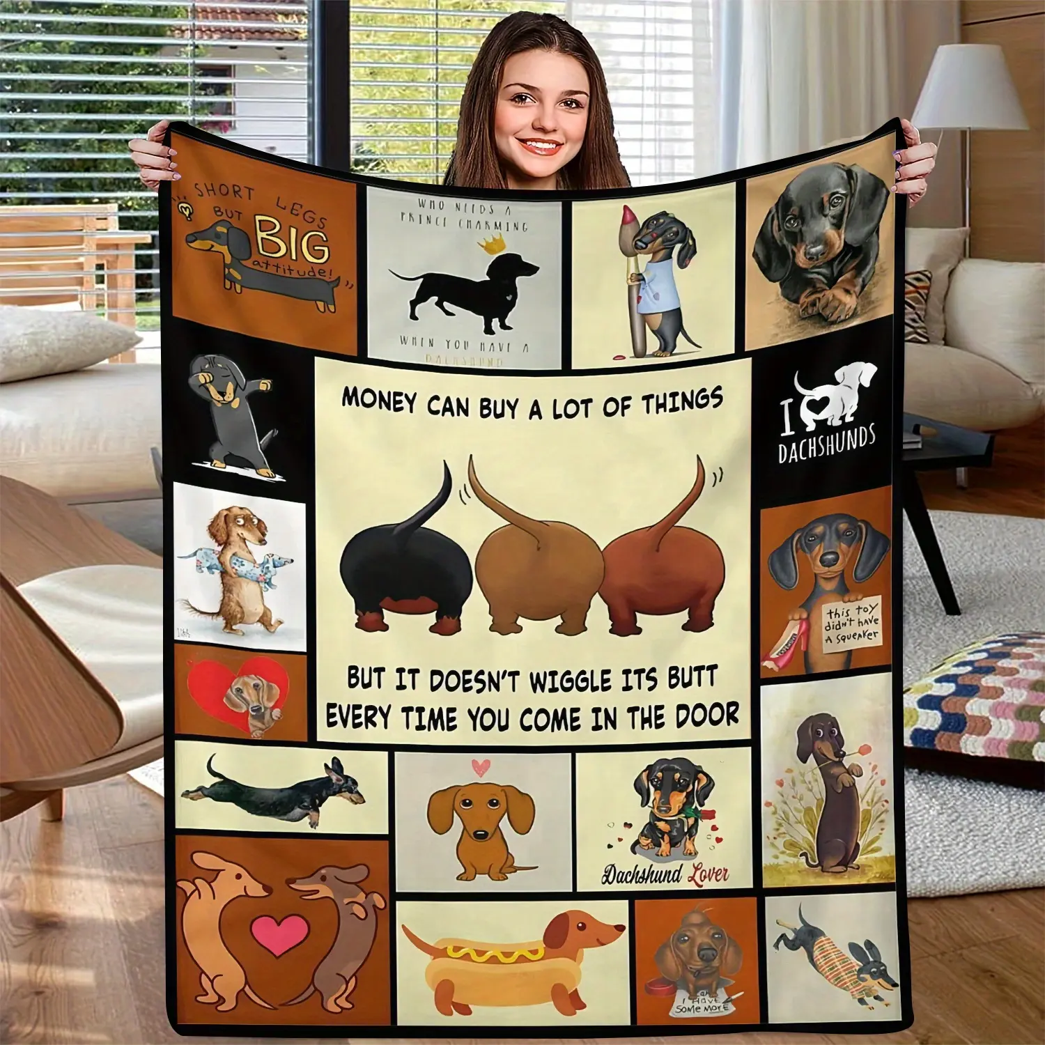 Dachshund Lovers Flannel Throw Blanket All-Season Cozy Sofa Blanket with Vintage Dog Patterns, Digital Print Polyester Knitted Blanket, Soft TV Lap Throw for Dachshund Gifts