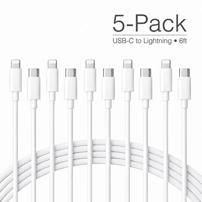 SANPRIO 5pcs White Plastic Phone Charger Cord Type C to 8 Pin (6FT), Electronic Cellphone Cable for iPhone 14/13/12/11 Pro Max Plus, XS/XR/X/8/7, Fast Charging for Home & Office Travel