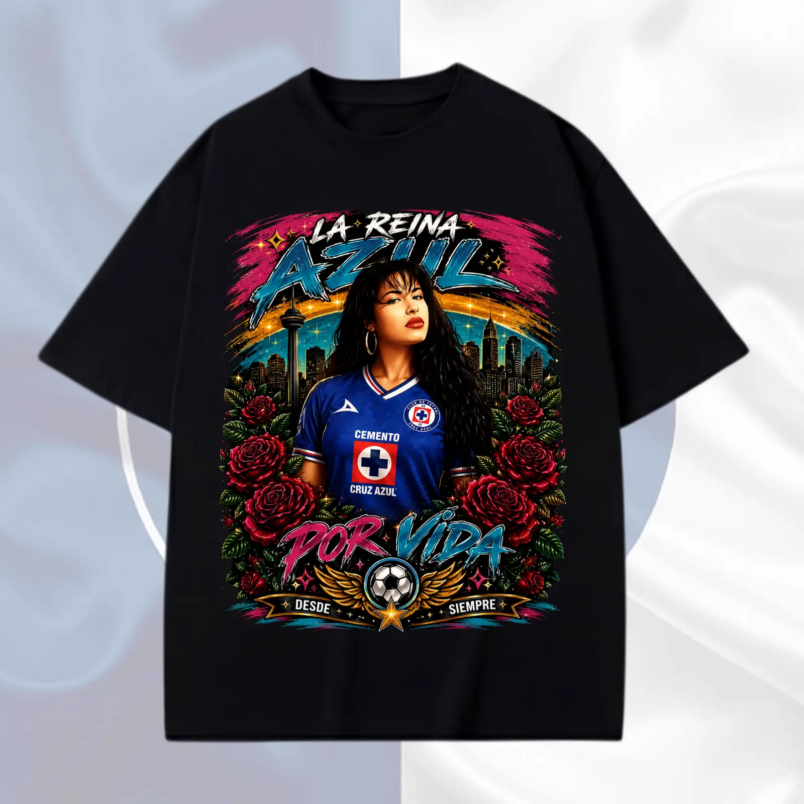 Selena Cruz Azul Shirt, La Reina Azul Graphic Tee, Liga MX Soccer Fan Apparel, Mexican Music Legend Inspired Football Jersey Style T-Shirt for Men Women