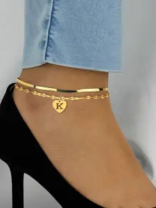 Heart Hollow Initial Pendant Women Ankle Bracelet Set, Stainless Steel Herringbone Chain Lip Chain Multi-Layer Anklets