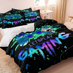 Cool Colorful Gaming Controller Duvet Cover Set, 1 Duvet Cover + 1/2 Pillowcases, No Core, Street Style LETSPLAY GAMING Print Bedding, Soft, Comfortable & Breathable, Suitable for All Seasons, Cool Bedroom Decor