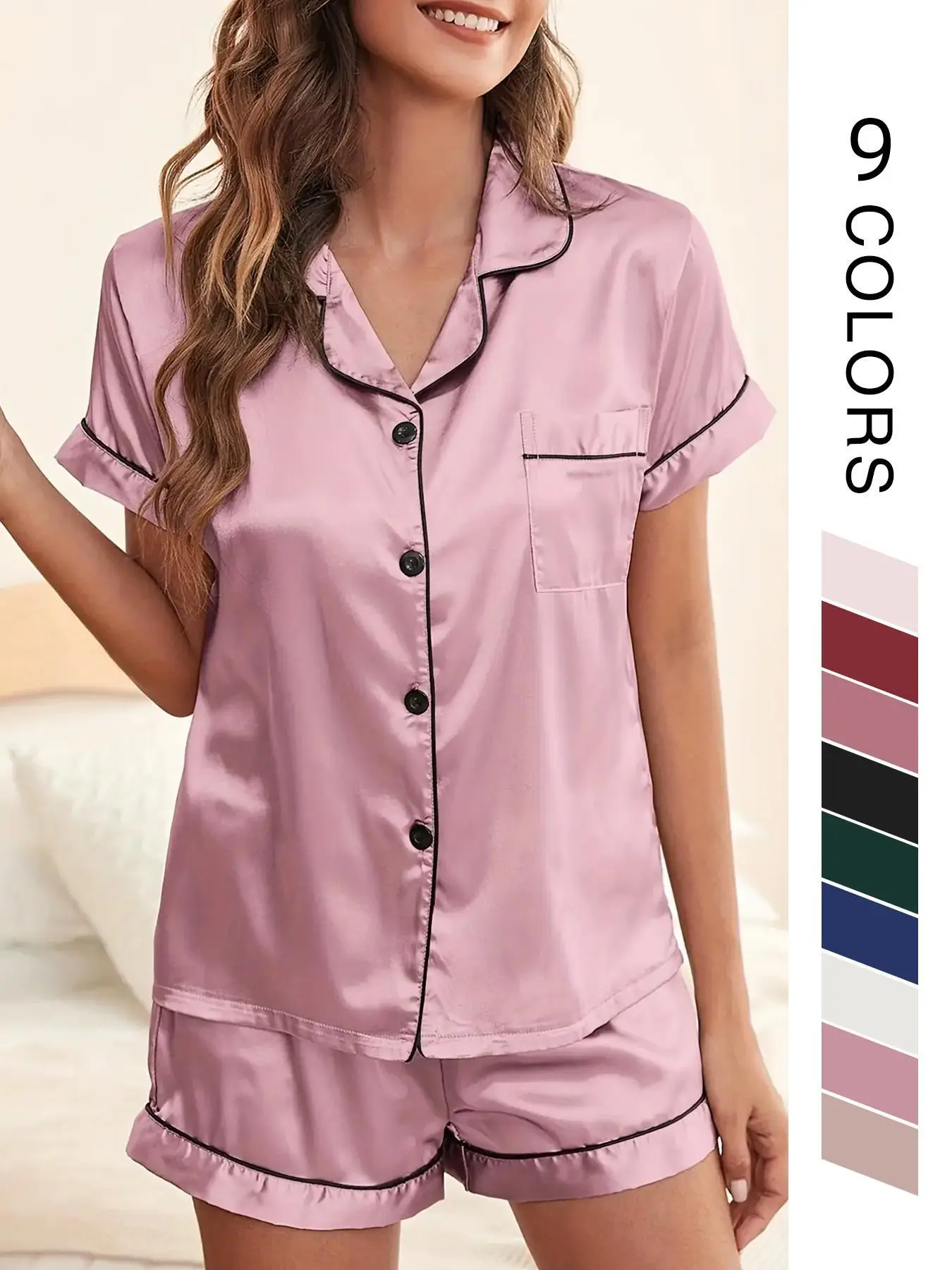 Two/Four/Six Counts Women's Satin Pyjama Lounge Co-ord Set, Lapel Collar Button Front Pocket Blouse & Contrast Binding Elastic Waist Pj Shorts Pajama